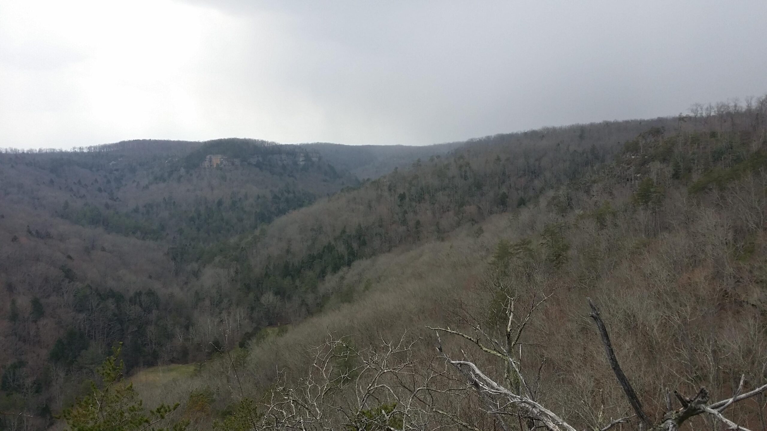 A scenic view of a mountainous landscape featuring rolling hills covered in a mix of bare trees and evergreen foliage, under a cloudy sky. The image captures the serene, natural beauty of the area, evoking a sense of tranquility and the changing seasons. Big South Fork mountain bike trail.