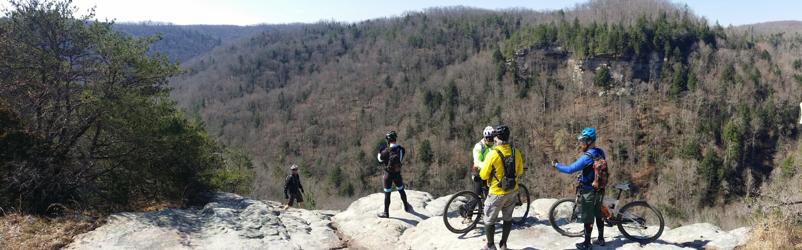 A group of five mountain bikers stands on a rocky outcrop overlooking a scenic valley filled with trees in the early spring. The landscape features varying shades of green from the evergreen trees, while the deciduous trees in the background are bare. The cyclists are dressed in outdoor gear, including helmets and jerseys, and appear to be enjoying a break during their ride. The sky is clear and sunny, enhancing the vibrant nature surrounding them. Big South Fork mountain bike trail.