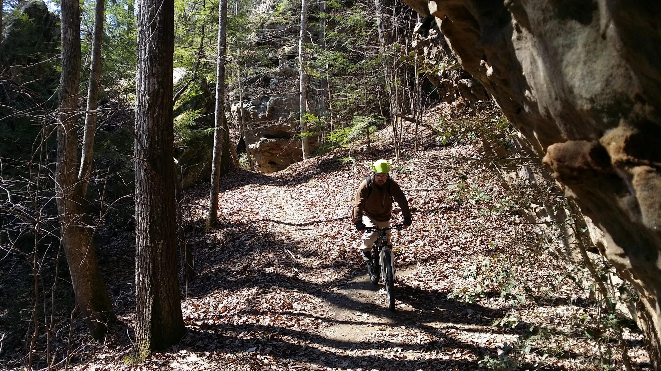 A person riding a mountain bike along a dirt trail surrounded by trees and rocky terrain, with sunlight filtering through the branches, creating a natural outdoor setting. The ground is covered in fallen leaves, and the cyclist is wearing a helmet and casual outdoor clothing. Big South Fork mountain bike trail.