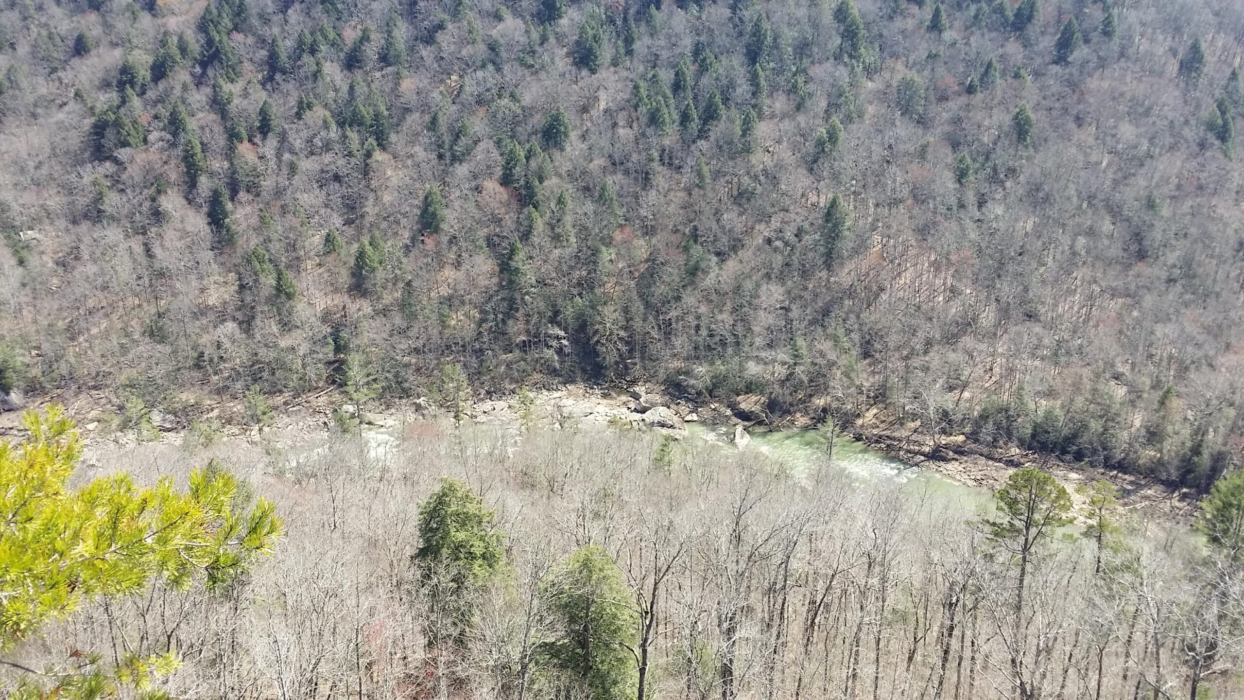 An aerial view of a forested hillside with a river flowing at the base. The scene features a mix of dense evergreen trees and bare deciduous trees, indicating a transition between seasons. The water appears to be a light green color, surrounded by rocky edges, while the landscape slopes downward from the left to the right. Grand Gap mountain bike trail.