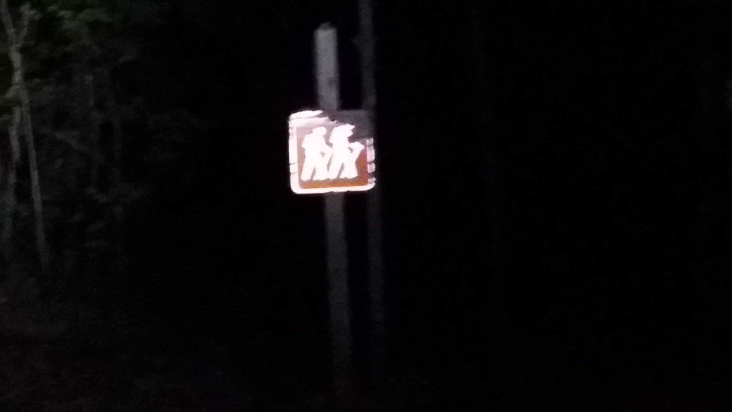 A dimly lit image of a hiking sign on a post, depicting figures of hikers. The background is dark with trees slightly visible, suggesting a wooded area. Sheltowee Trace - Laurel Lake Trail mountain bike trail.