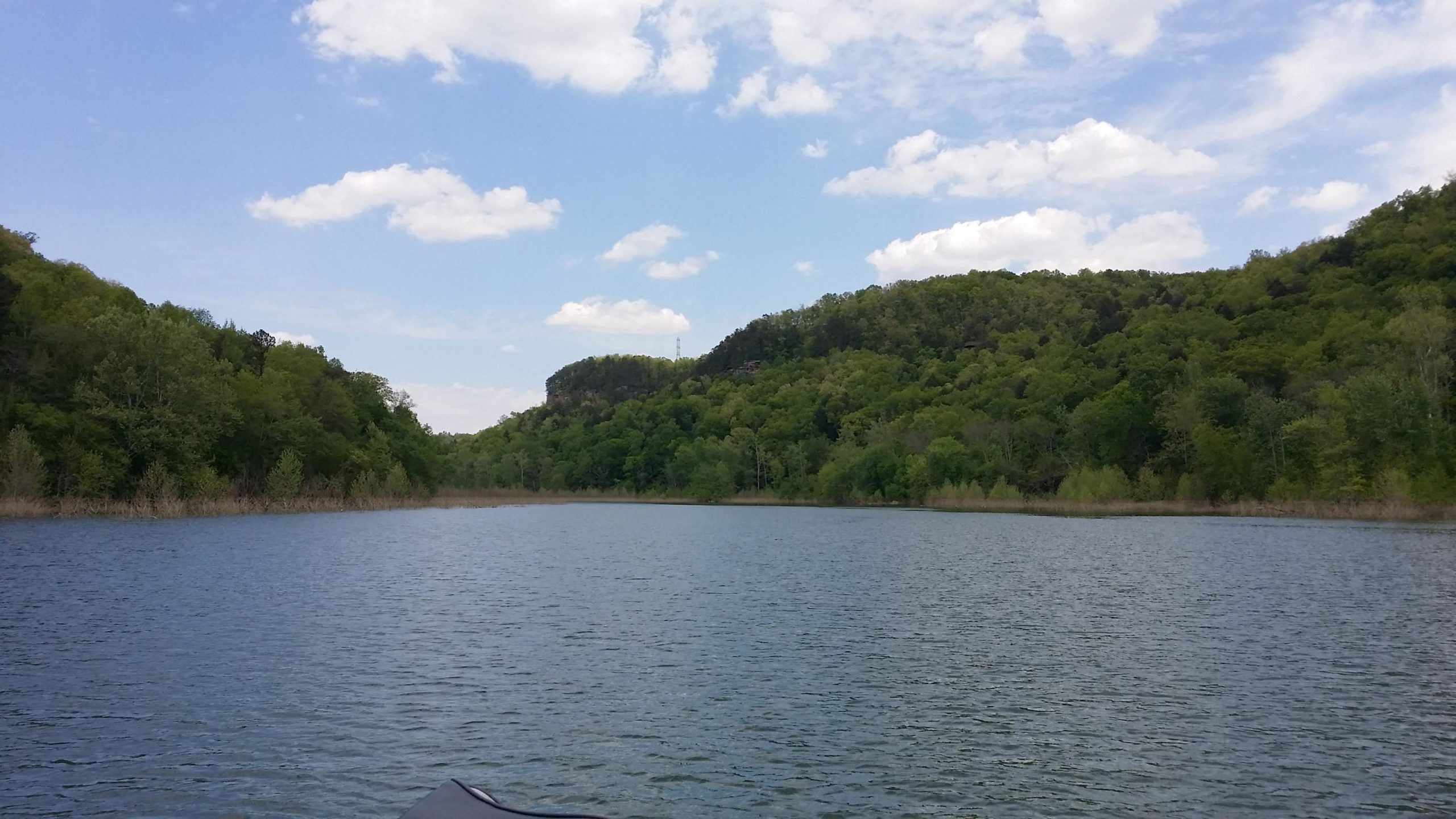 A serene landscape featuring a calm river surrounded by lush green hills under a partly cloudy sky. The water reflects the greenery, and there are patches of grass along the riverbank. Sheltowee Trace - Laurel Lake Trail mountain bike trail.
