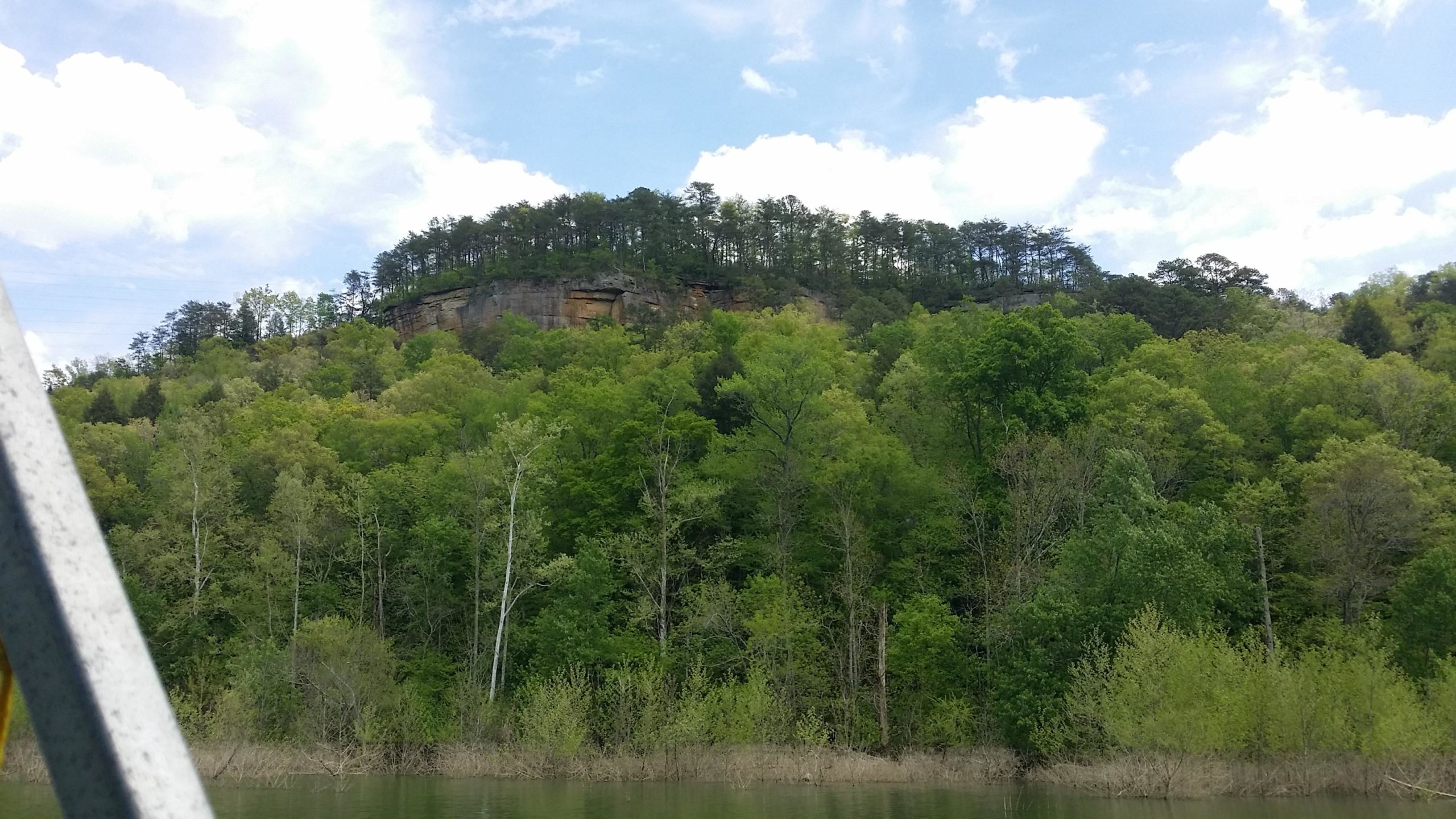 Lush green trees and underbrush frame a rocky outcrop atop a hill under a partly cloudy sky. The scene captures a natural landscape with a body of water in the foreground, reflecting the vibrant greenery. Sheltowee Trace - Laurel Lake Trail mountain bike trail.