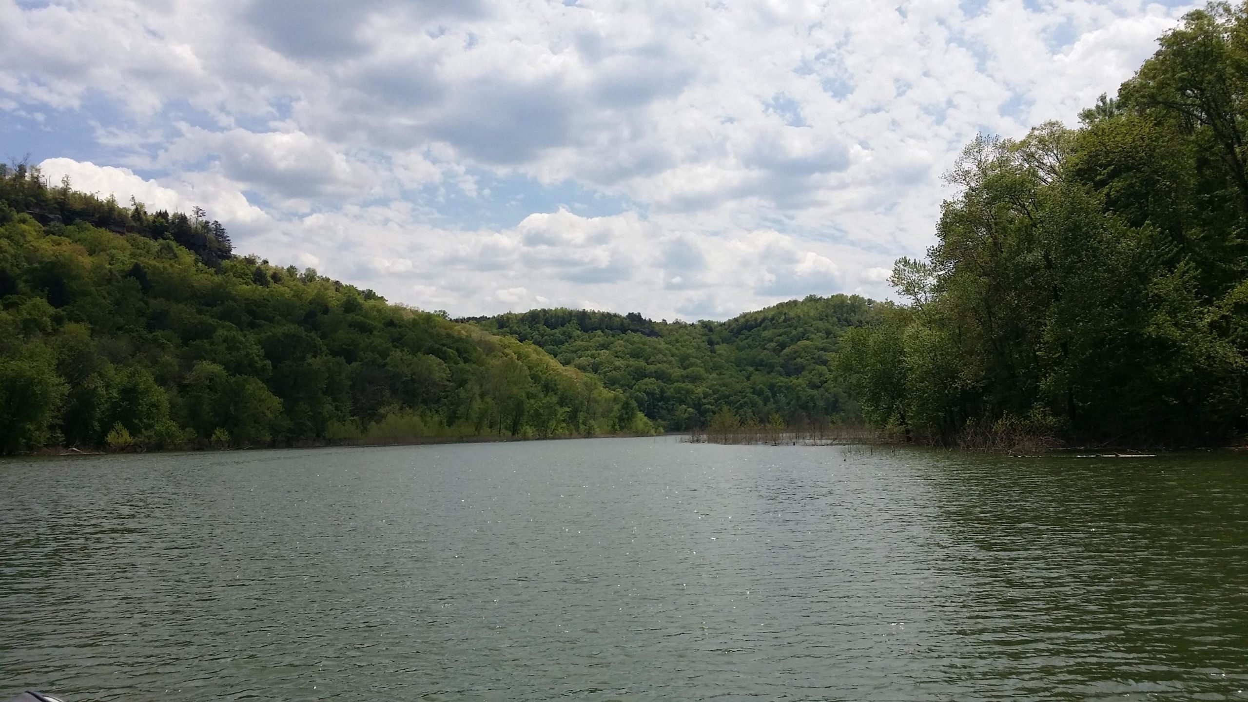 A scenic view of a calm river surrounded by lush green hills under a partly cloudy sky. The water reflects the sunlight, creating a glistening effect, while trees line the banks, enhancing the tranquil atmosphere of the natural landscape. Sheltowee Trace - Laurel Lake Trail mountain bike trail.