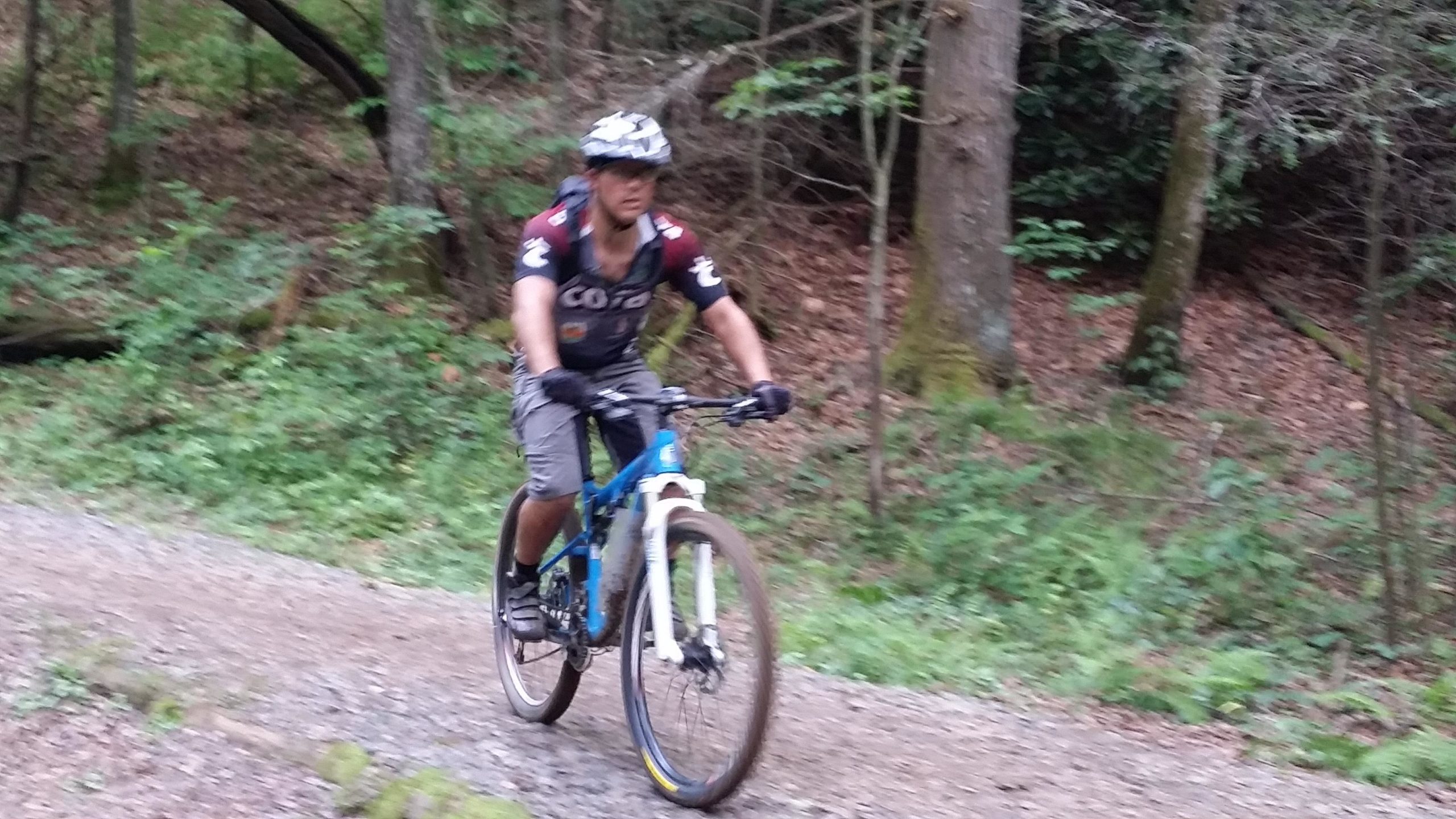 A person riding a blue mountain bike on a gravel trail surrounded by dense greenery and trees. The rider is wearing a helmet and cycling attire, showcasing an active outdoor scene. DuPont State Recreational Forest mountain bike trail.