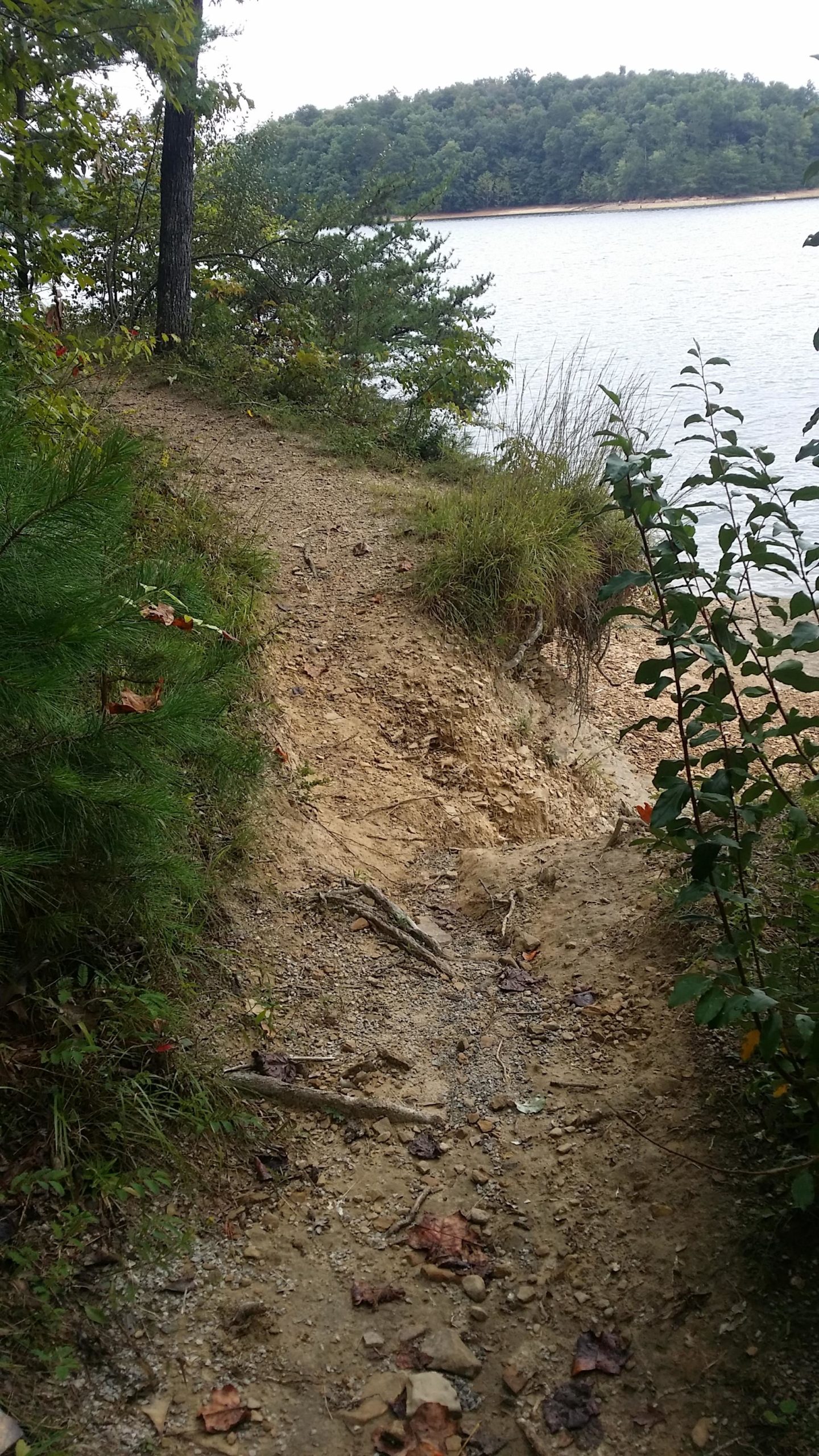 A narrow dirt path leading to the edge of a lake, bordered by trees and shrubs. The ground is uneven, with exposed soil and scattered leaves along the trail, suggesting a natural setting with a serene, outdoor atmosphere. Sheltowee Trace - Laurel Lake Trail mountain bike trail.