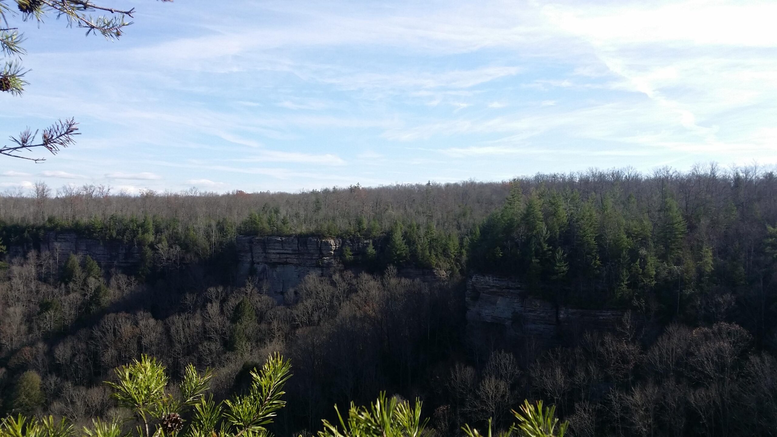 A scenic view of a rugged cliffside surrounded by dense forest, with a clear blue sky above and wispy clouds. The landscape showcases a mix of evergreen and deciduous trees, reflecting the colors of late autumn. Grand Gap mountain bike trail.