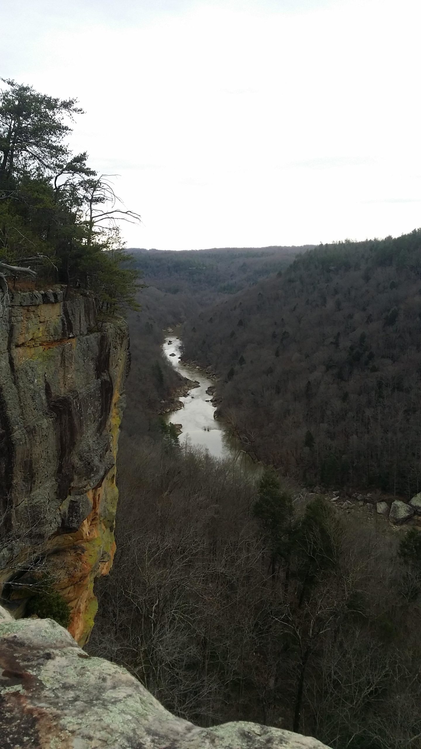 A panoramic view of a winding river surrounded by wooded hills, seen from a rocky cliff edge. The landscape is mostly bare with some evergreen trees, under a cloudy sky. Grand Gap mountain bike trail.
