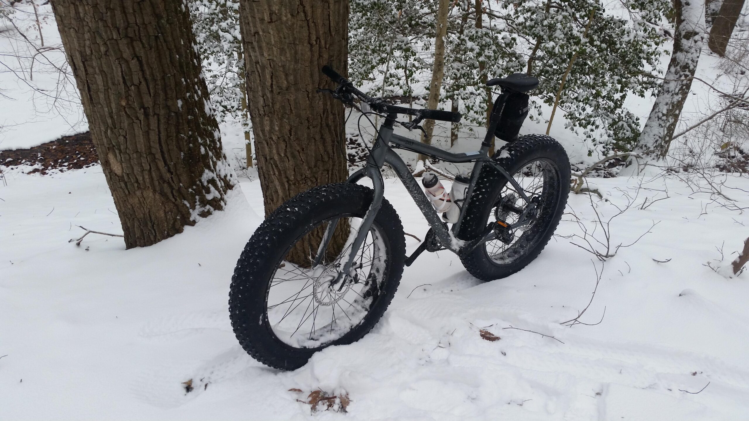 Origin-8 Amarok: A fat bike with large, knobby tires parked between two trees in a snowy landscape. The ground is covered in fresh snow, and a water bottle is mounted on the bike frame.