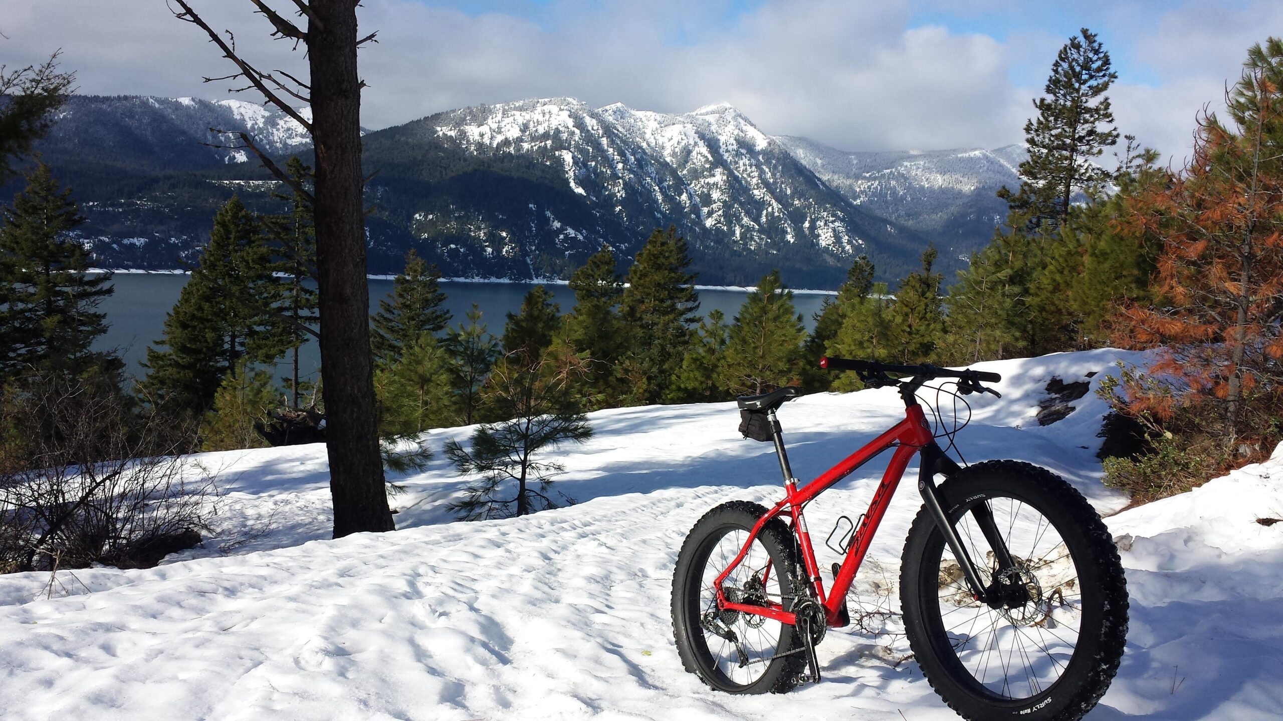 Salsa Mukluk: A red fat tire bike standing on a snowy landscape with mountains in the background and a body of water visible in the foreground. The scene is framed by evergreen trees and features a clear blue sky with scattered clouds.