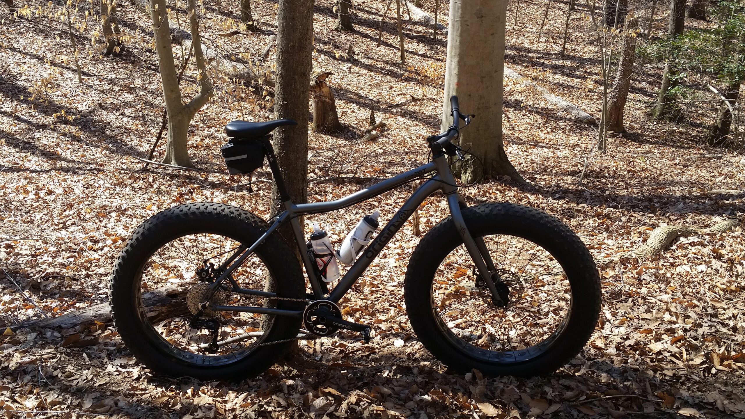 Origin-8 Amarok: A fat tire mountain bike parked on a trail covered with autumn leaves, surrounded by trees in a wooded area. Two water bottles are mounted on the bike frame. Sunlight filters through the foliage, casting shadows on the ground.