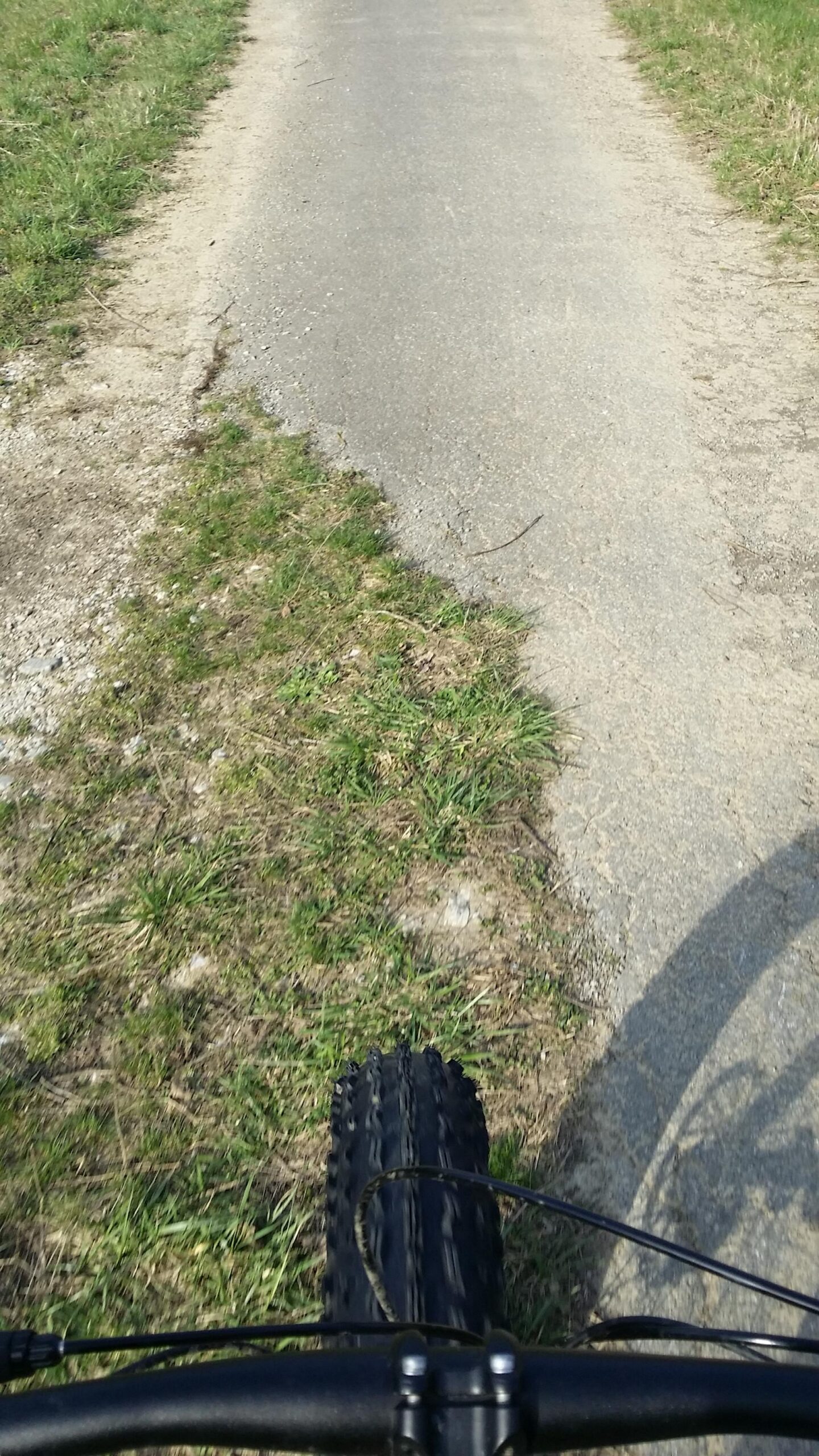 A view from a bicycle handlebars, showing a gravel path surrounded by grass on both sides. The wheel of the bike is visible in the foreground, indicating movement along the trail. The pathway appears straight and well-maintained, suggesting a peaceful outdoor cycling experience. Skullbuster mountain bike trail.