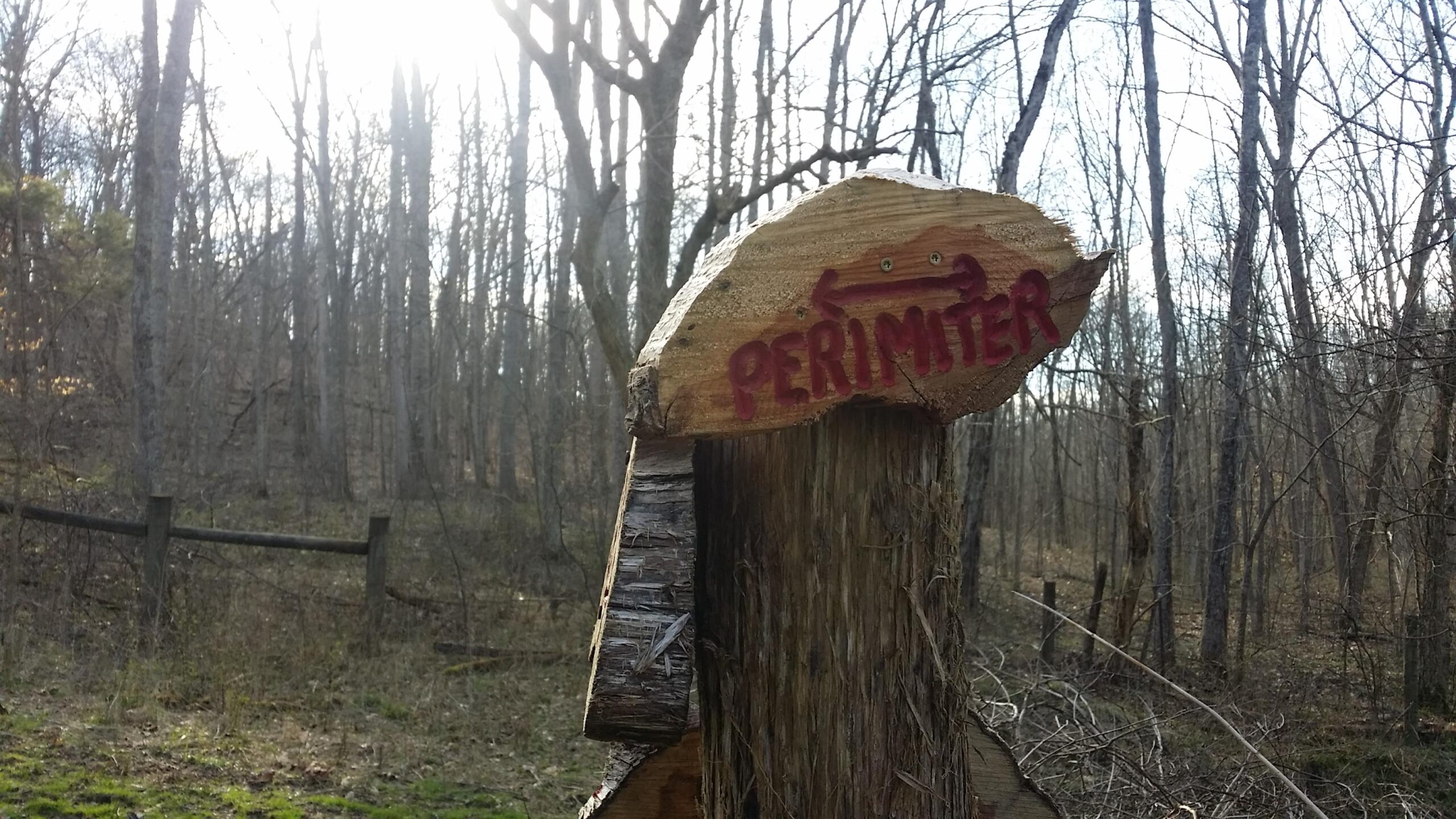 Wooden signpost with the word "PERIMETER" painted on it, set against a backdrop of a wooded area with bare trees and a faint sunlight filtering through. The sign points in a specific direction, indicating a boundary in the natural landscape. Skullbuster mountain bike trail.