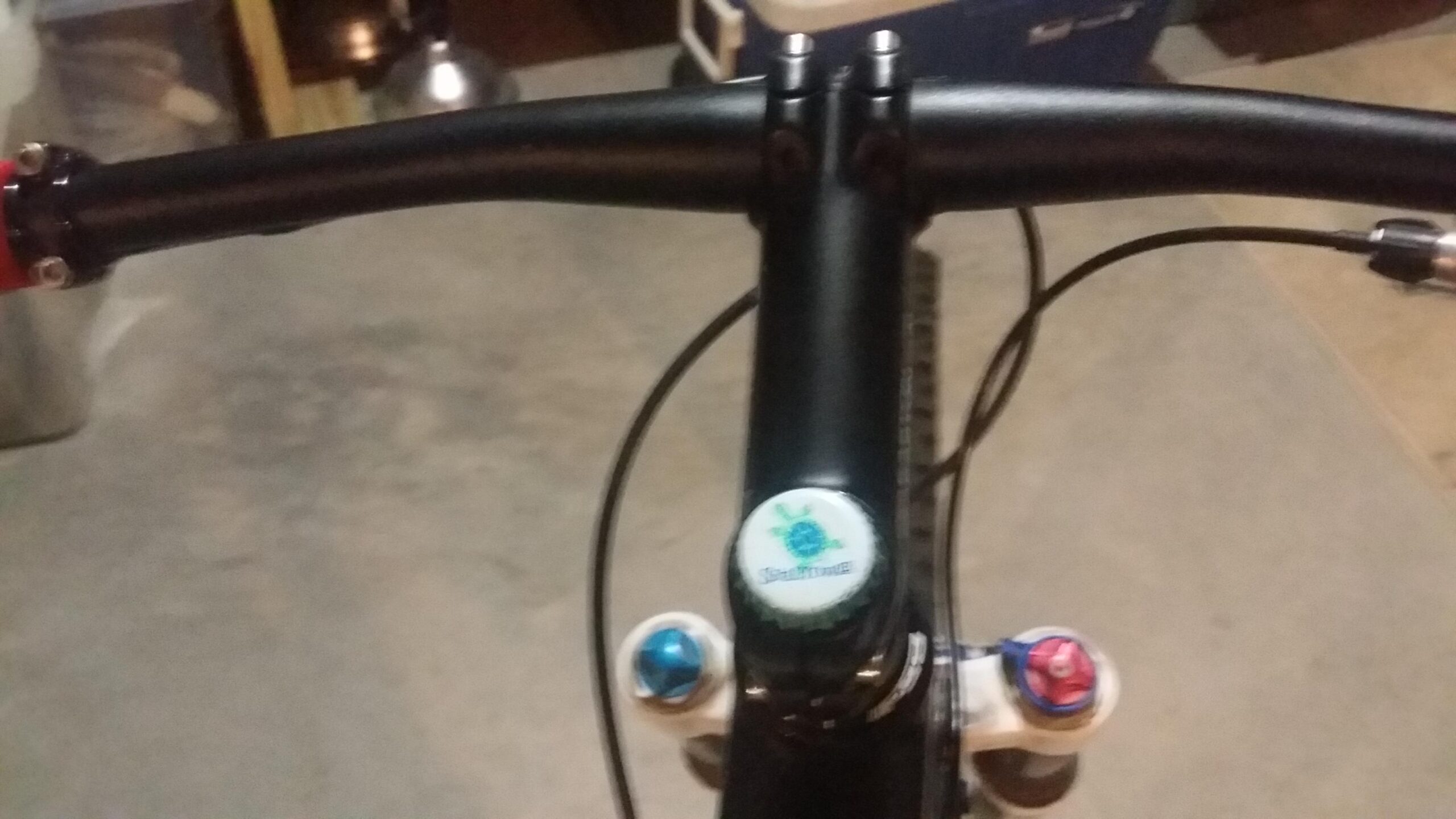 Santa Cruz Tallboy Carbon: Close-up view of a mountain bike handlebar, featuring black grips and a circular bike cap with a turtle design, alongside colored knobs for suspension adjustment. The image is taken in a garage setting with a concrete floor.