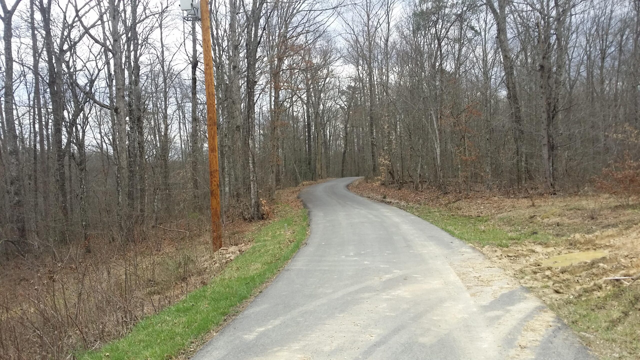 A winding asphalt road bordered by trees, with a telecommunication pole on the left side. The landscape is bare with some greenery along the edges, indicating early spring or late winter. The sky is overcast, creating a serene and rural atmosphere. Sheltowee Trace - Laurel Lake Trail mountain bike trail.