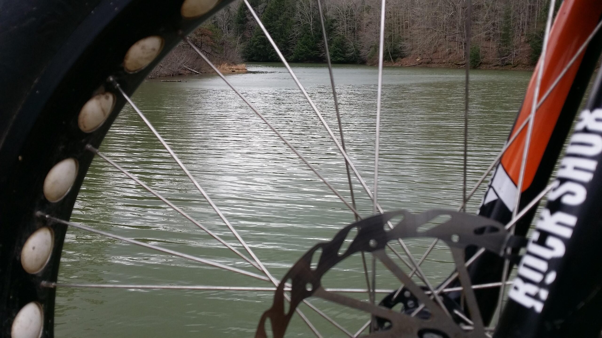 A close-up view of a bicycle wheel and disc brake, with the calm surface of a lake and trees in the background. The image captures the spokes and rim of the wheel, showcasing a scenic outdoor setting. Sheltowee Trace - Laurel Lake Trail mountain bike trail.