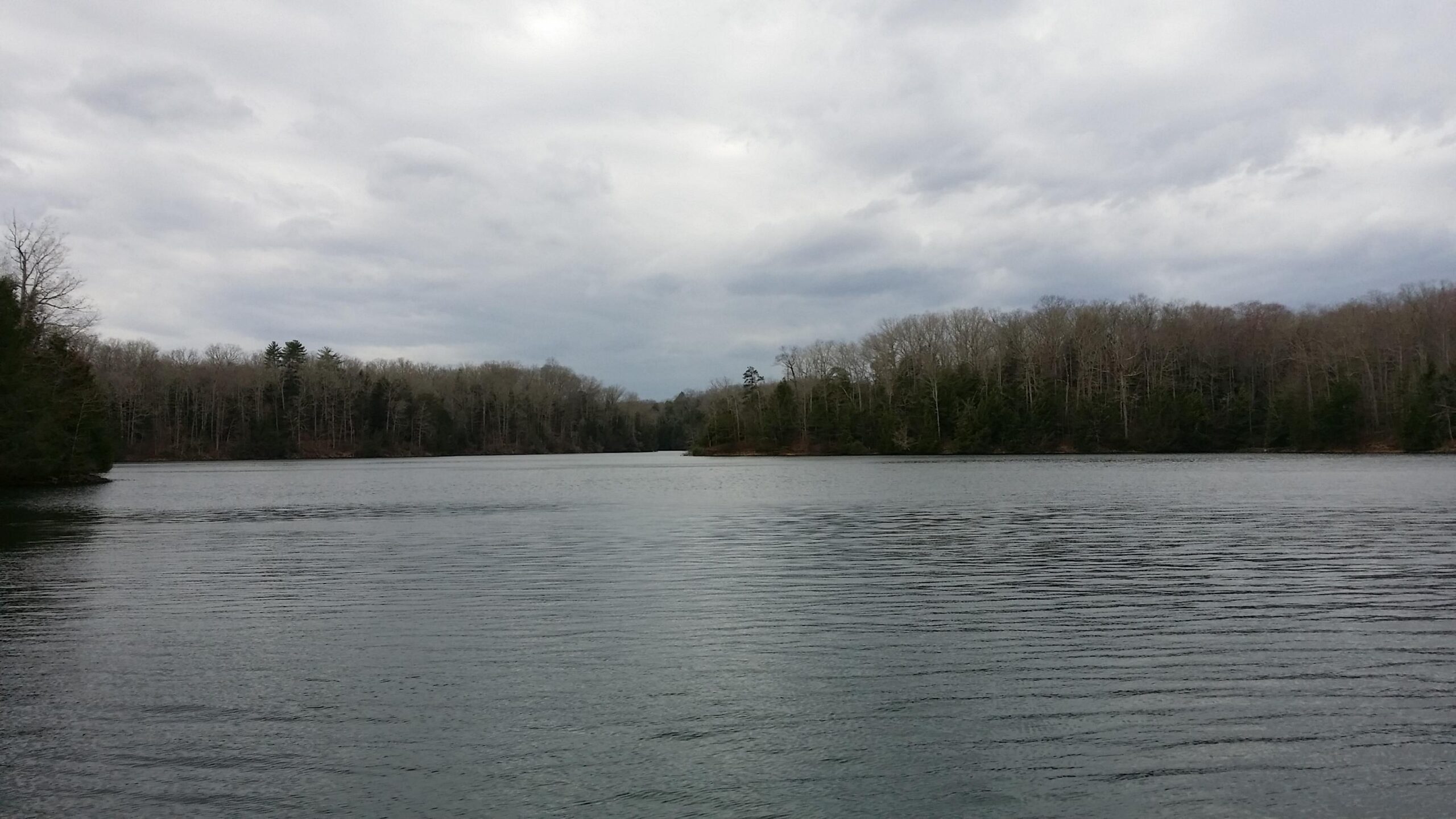 A serene view of a calm lake surrounded by bare trees and distant wooded hills under a cloudy sky. The water's surface reflects the overcast atmosphere, creating a tranquil and peaceful setting. Sheltowee Trace - Laurel Lake Trail mountain bike trail.