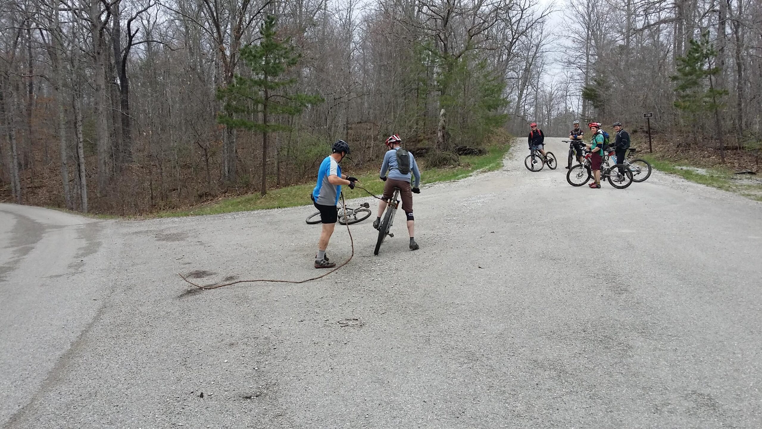 Two mountain bikers are repairing a bike at a trail intersection while four other cyclists wait nearby. The background features a mixture of bare trees and some greenery, indicating a cool, overcast day. The bikers are wearing helmets and appropriate cycling attire. Laural Lake To Cumberland Falls (sheltowee Trace) mountain bike trail.