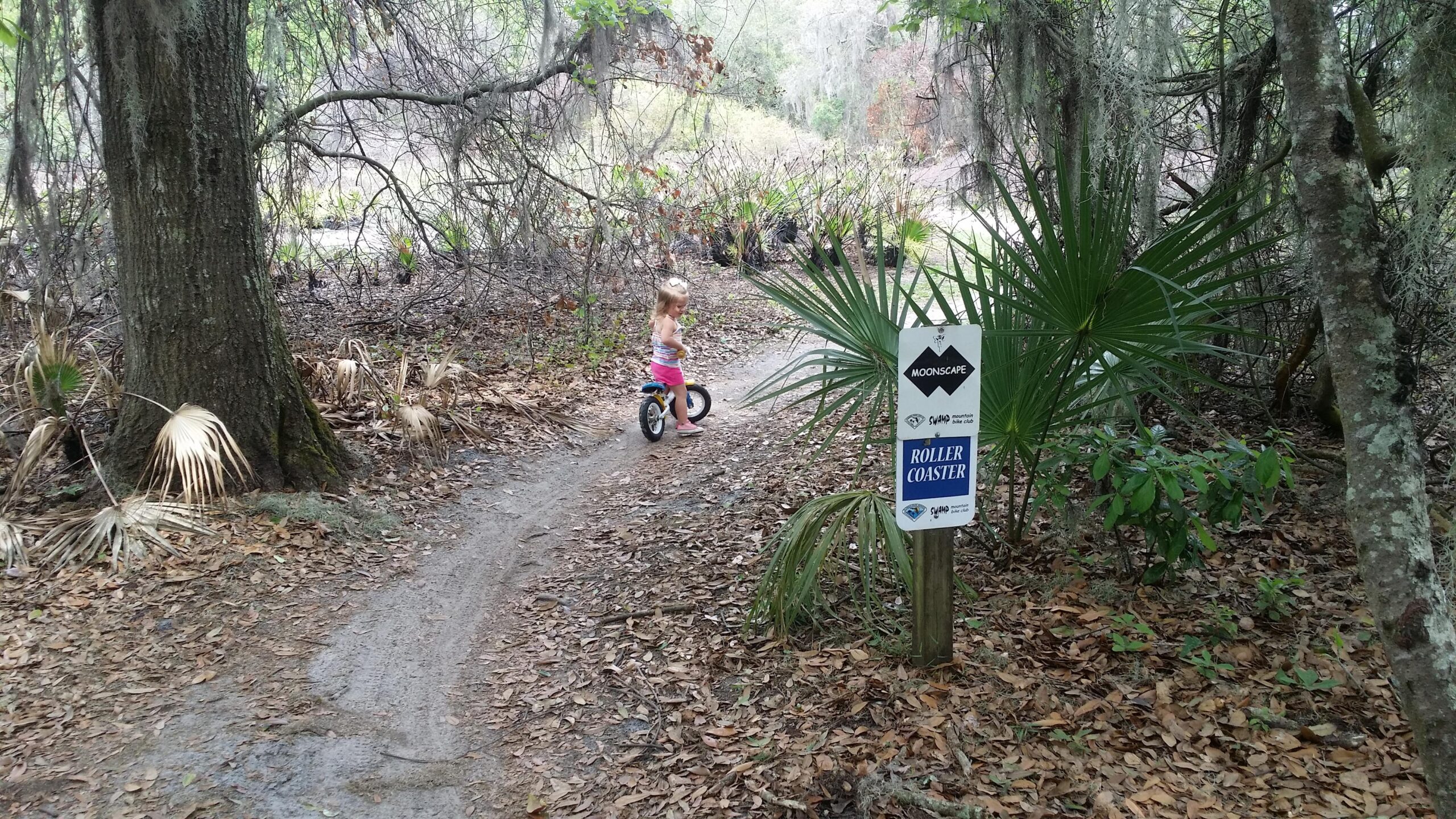 A young child riding a small bike along a dirt trail in a wooded area. The trail is surrounded by trees and vegetation, with a sign nearby indicating a “Roller Coaster” trail. Leaves are scattered along the path, and moss hangs from the trees. Alafia River State Park mountain bike trail.