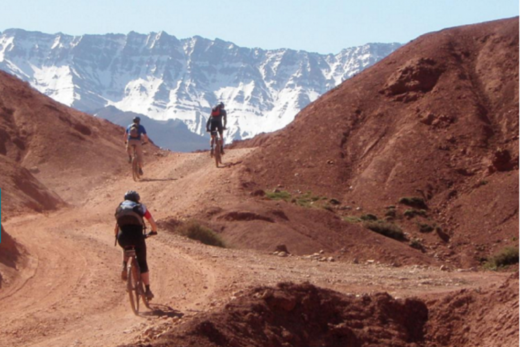 Alt text: Three mountain bikers navigate a dirt trail in a rugged mountainous landscape, with snow-capped peaks in the background under a clear blue sky.