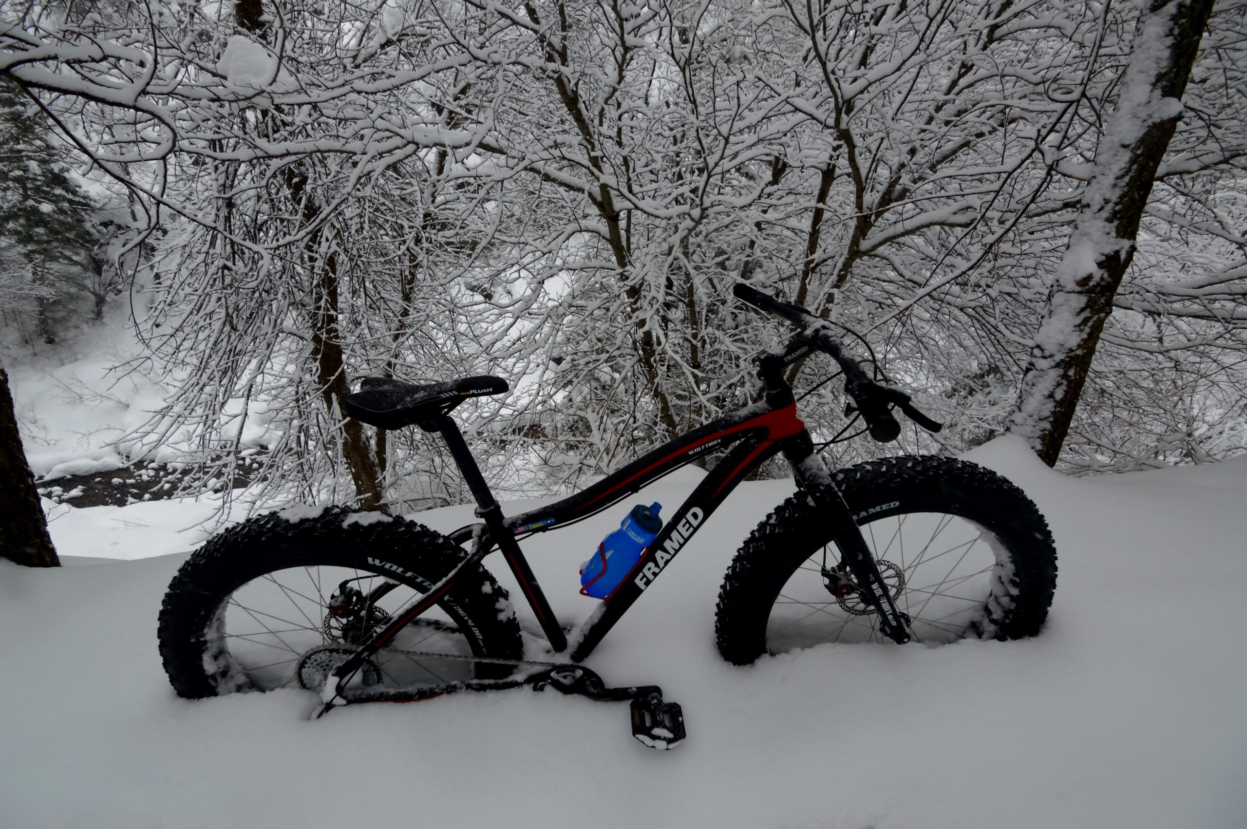 A fat tire bike partially buried in snow, surrounded by trees covered in fresh snow. The scene captures a winter landscape with a small stream visible in the background. Bonneville Shoreline Trail - Ogden Section mountain bike trail.