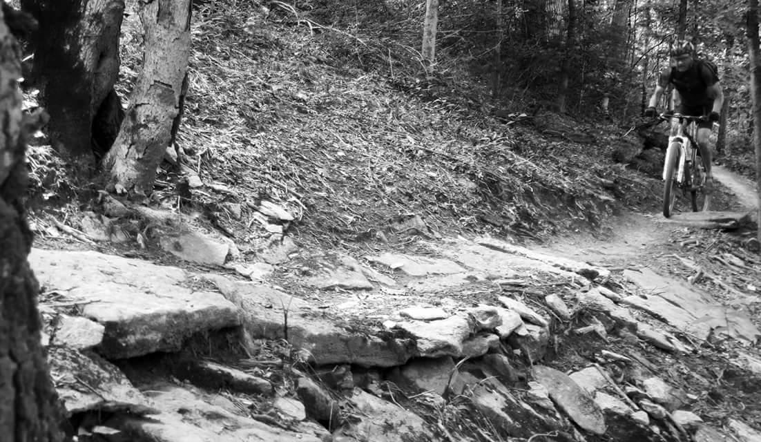 A mountain biker navigates a rocky trail surrounded by trees, captured in black and white. The rider is focused on the path ahead as they maneuver over uneven terrain. Mitchell Memorial Forest Mountain Bike Trail mountain bike trail.