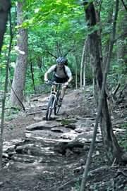 A mountain biker navigating a rocky trail in a forested area, surrounded by lush green trees. The rider is crouched low, focusing on the path ahead as they maneuver over the uneven terrain. Devou Park mountain bike trail.