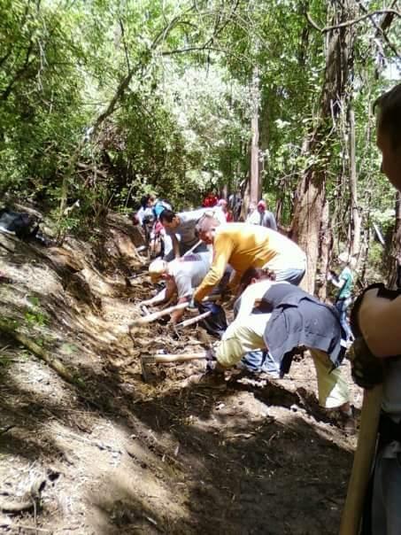A group of people working together outdoors, using shovels and tools to dig along a dirt path in a forested area, surrounded by trees and green foliage. Devou Park mountain bike trail.