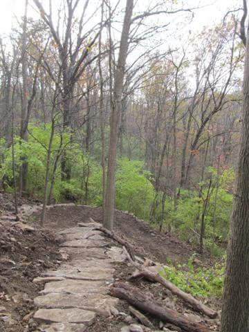 A winding stone pathway leads through a wooded area, surrounded by tall trees and greenery. The trail is partially cleared, with visible rocks and roots along the path, and the landscape showcases gentle slopes typical of a forested environment. Devou Park mountain bike trail.