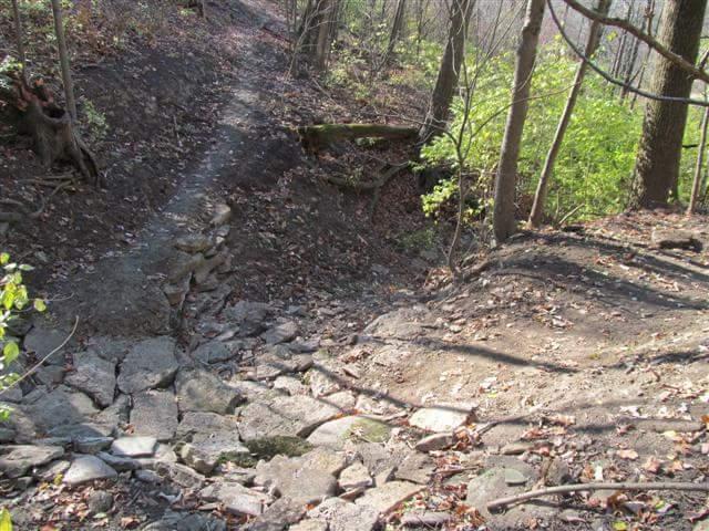 A winding trail through a forested area, with a rocky path leading downward. Sunlight filters through the trees, casting shadows on the uneven terrain covered with fallen leaves. The left side shows a more rugged section with stones, while the right side features softer earth and greenery. Devou Park mountain bike trail.