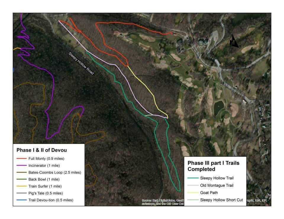 Map showing the trails of Devou Park, including completed and proposed routes. Various colored lines represent different trails and their lengths, with labels for each trail, such as Full Monty, Incinerator, and Sleepy Hollow Trail. Steepy Hollow Road is indicated at the top, and the map includes key features of the surrounding landscape, including golf courses and wooded areas. Devou Park mountain bike trail.