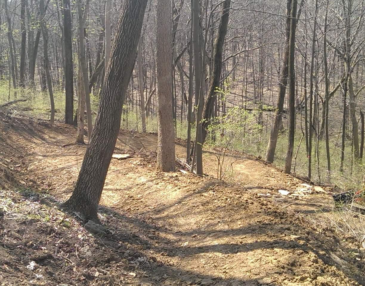 A winding trail through a forested area, showcasing bare trees with sparse leaves and freshly disturbed earth. The sunlight casts shadows across the path, highlighting the contrast between the brown soil and the greenery emerging in the background. Devou Park mountain bike trail.