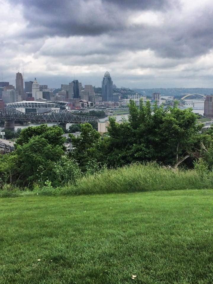 A panoramic view of a city skyline featuring modern buildings, a river, and a bridge, set against a backdrop of overcast skies. In the foreground, lush green grass and trees are visible, creating a natural frame for the urban landscape. Devou Park mountain bike trail.