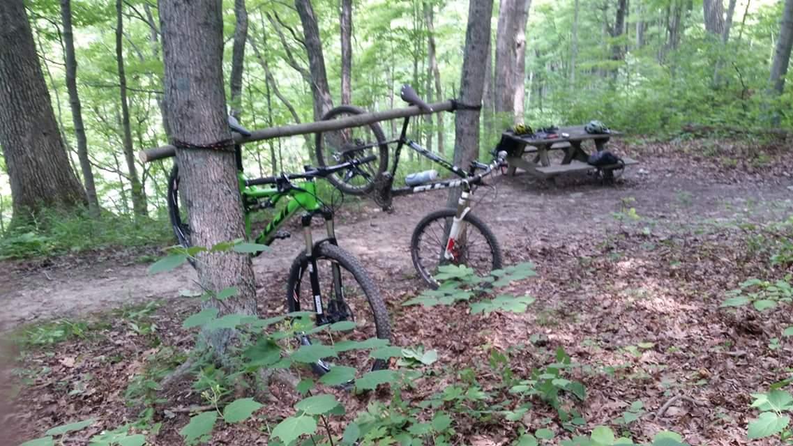 Two mountain bikes are secured to a tree with a branch acting as a support in a wooded area. In the background, there is a wooden picnic table with a couple of helmets and gear on it, surrounded by lush green foliage and a dirt path leading through the forest floor covered with leaves. Versailles State Park mountain bike trail.