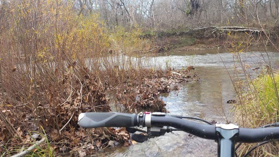 A bicycle handlebar is visible in the foreground, pointing towards a flowing creek surrounded by shrubs and dry leaves. The landscape features a mix of greenery and bare trees, indicating a natural outdoor setting. Versailles State Park mountain bike trail.