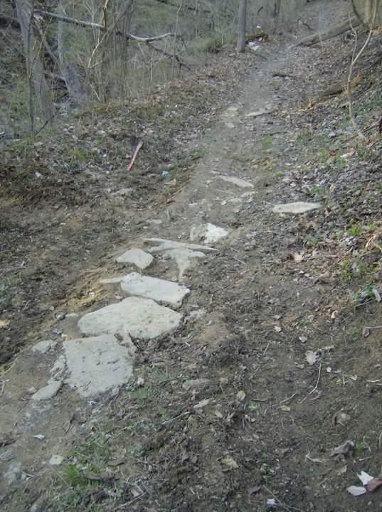 A narrow dirt trail winding through a wooded area, featuring uneven patches, some exposed tree roots, and a section lined with flat stones. The ground is mostly bare with some scattered leaves and twigs, indicating a natural environment. Tower Park mountain bike trail.