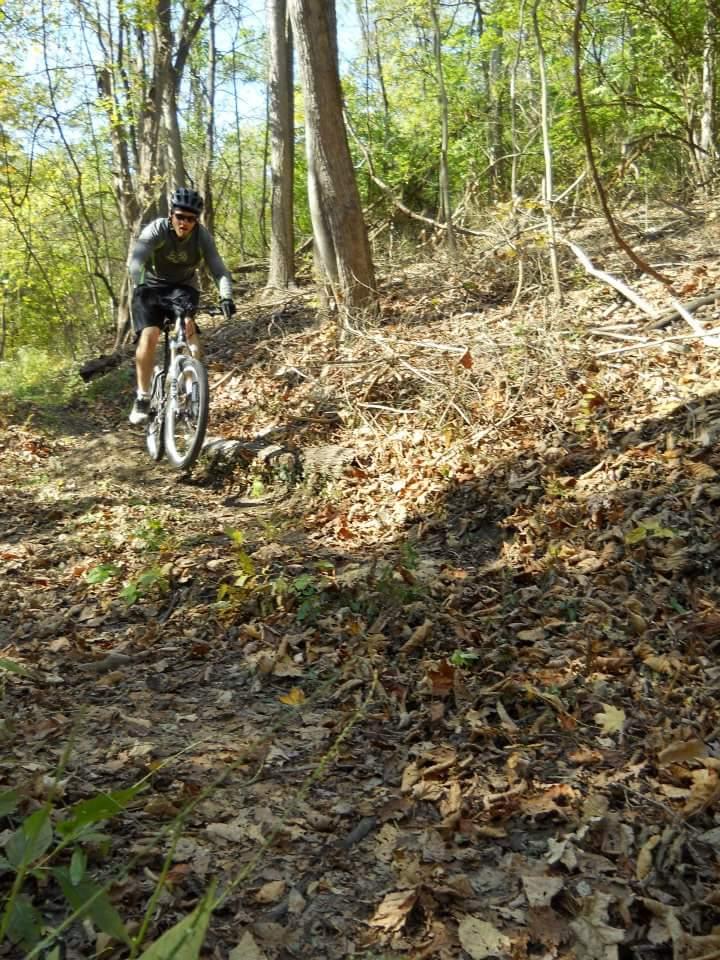 A mountain biker riding along a dirt trail surrounded by trees in a wooded area, with fallen leaves covering the ground. The rider is focused, wearing a helmet and appropriate biking gear. Tower Park mountain bike trail.