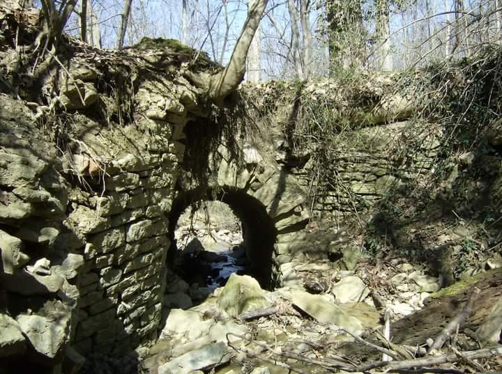 An old stone archway bridge covered in moss and vegetation, with a small stream flowing beneath it. The surrounding area is wooded, featuring trees and natural debris. The scene captures a sense of nature reclaiming a historic structure. Tower Park mountain bike trail.