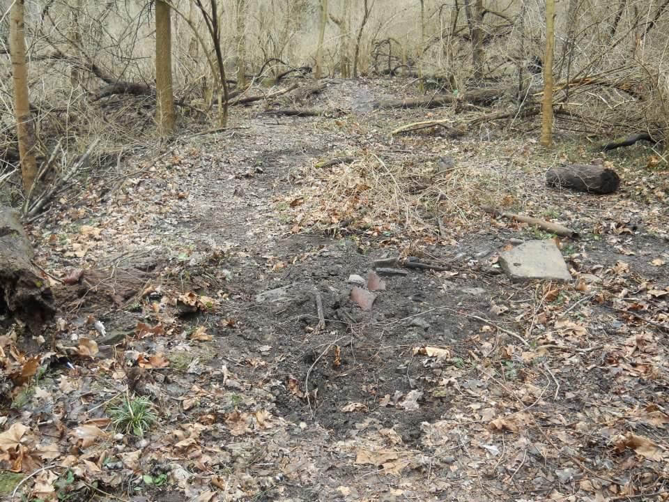 A partially cleared path in a wooded area, surrounded by trees and dry leaves. In the foreground, there is a small, cleared patch of ground with some scattered bricks and debris. The setting appears to be natural and somewhat overgrown, indicating a spot that may not be frequently used. Tower Park mountain bike trail.