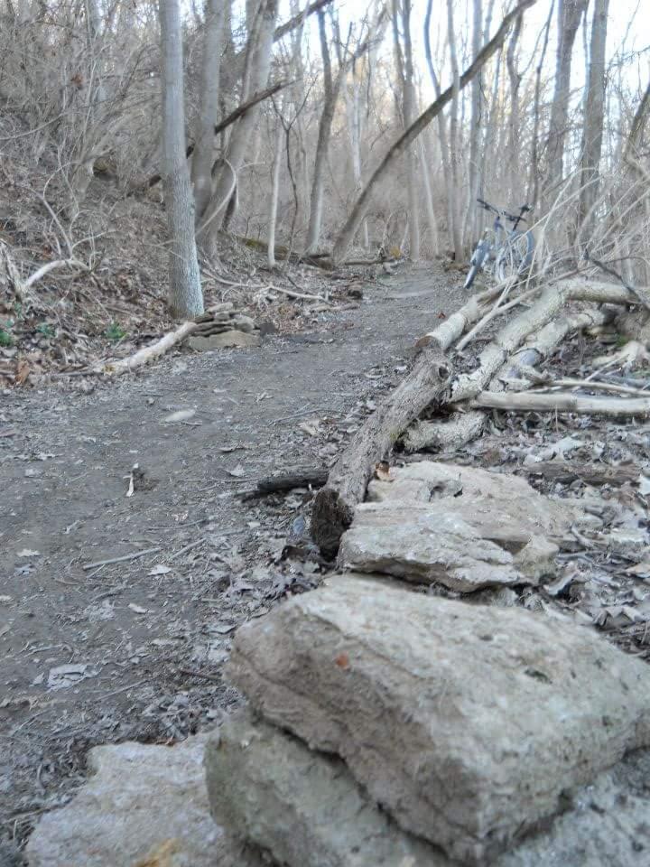 A winding dirt path through a wooded area, featuring bare trees and scattered leaves. In the foreground, there are stacked stones and fallen branches, with a bicycle resting against a tree in the background. The scene captures a quiet, natural setting, likely in early spring or late autumn. Tower Park mountain bike trail.