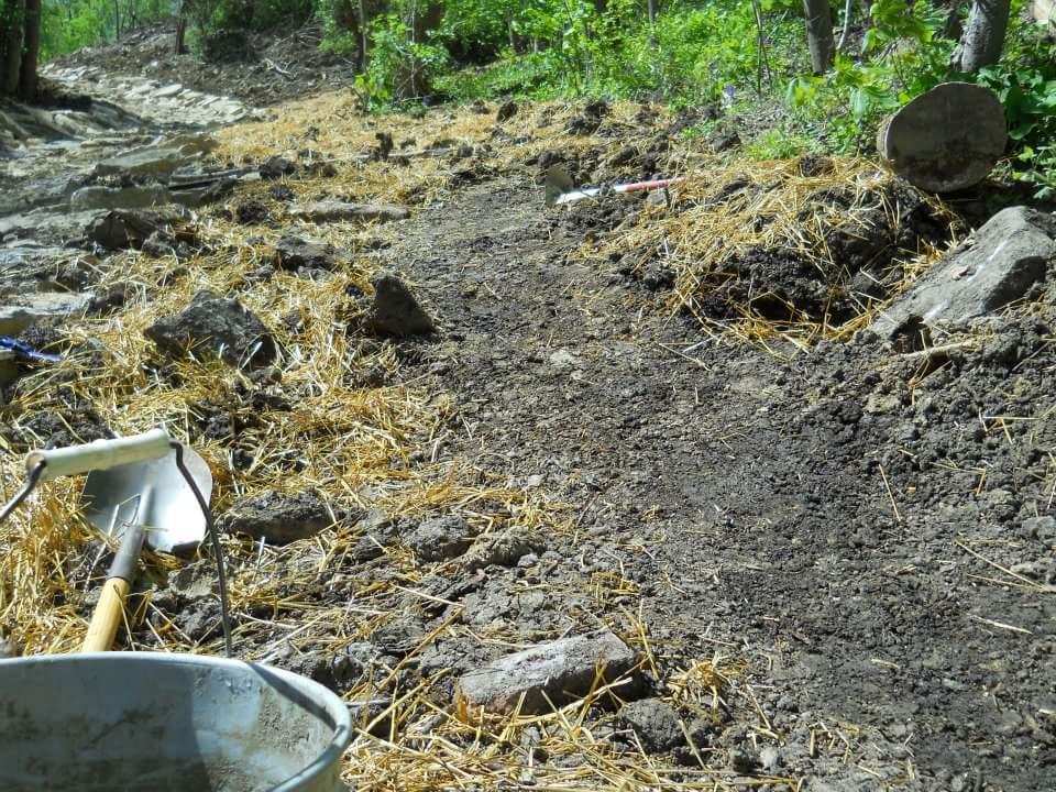 A dirt trail in a wooded area, bordered by small rocks and straw, with a shovel and bucket placed near the path, indicating a landscaping or gardening project. Lush green trees and foliage are visible in the background. Tower Park mountain bike trail.