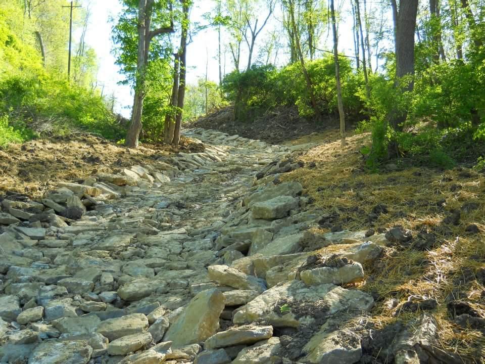 A rocky pathway leading through a wooded area, surrounded by trees and green vegetation. The trail is lined with large stones and has clear signs of recent maintenance. Tower Park mountain bike trail.