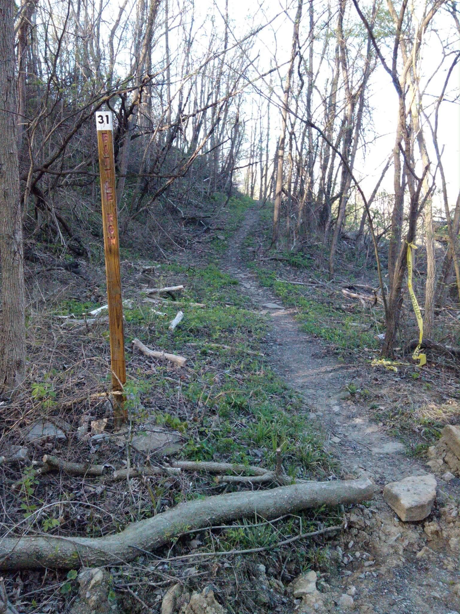 A dirt path winding through a forest with sparse trees and underbrush. A wooden trail marker with the number 31 stands to the left of the path, indicating the trail route. Sunlight filters through the branches, casting soft shadows on the ground. Tower Park mountain bike trail.