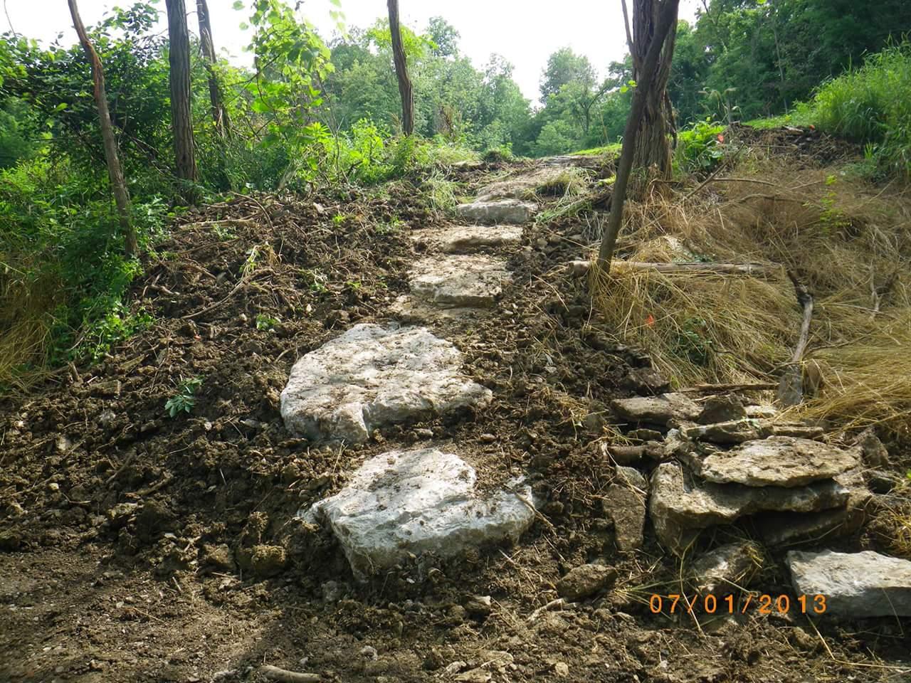 A dirt pathway with large stone steps leading through a wooded area, bordered by greenery and sparse underbrush. The scene appears to be a natural trail, with patches of sunlight filtering through the trees. Tower Park mountain bike trail.