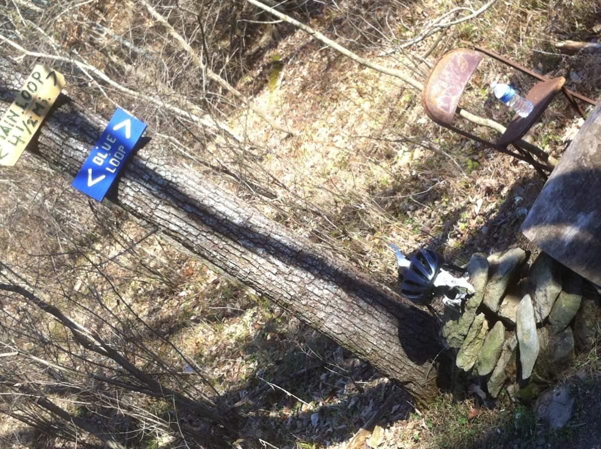 A rustic outdoor scene featuring a tree with two directional signs attached, indicating a loop trail. A weathered metal chair and a water bottle are nearby, along with a stack of stones, suggesting a resting spot for hikers. Sparse vegetation surrounds the area, typical of a wooded trail setting. Skullbuster mountain bike trail.