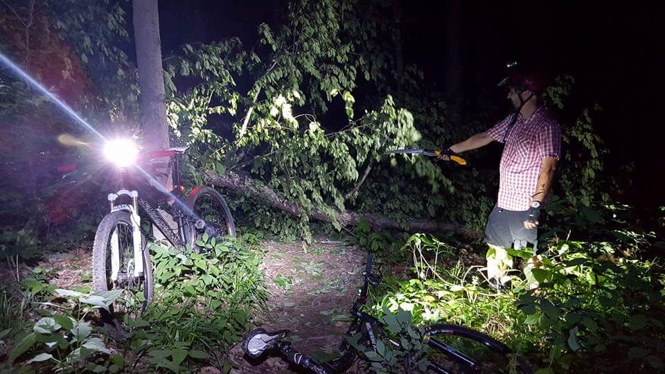 A person in a checkered shirt and helmet stands in a dark forest, using a hand saw to cut a fallen tree branch obstructing a bike path. A mountain bike with a bright front light is positioned nearby, illuminating the area. Lush greenery surrounds the scene, with the darkness of night in the background. East Fork mountain bike trail.