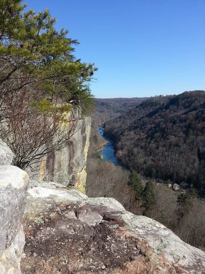 A scenic view from a rocky cliff overlooking a winding river surrounded by wooded hills under a clear blue sky. Big South Fork mountain bike trail.