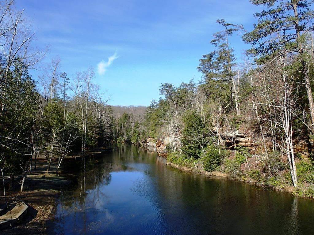 Serene view of a calm river surrounded by lush green and bare trees, reflecting the blue sky above. The riverbanks feature natural rock formations and patches of greenery, creating a peaceful and picturesque natural landscape. Big South Fork mountain bike trail.