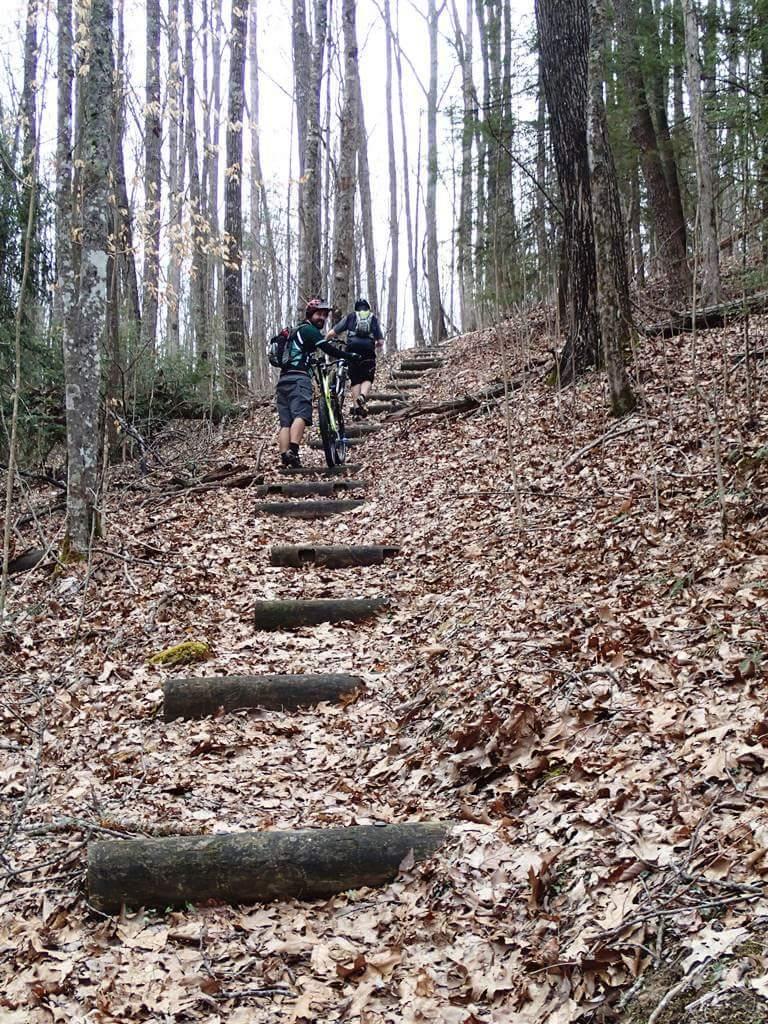 Two individuals hike up a leaf-covered trail in a forest, using wooden steps to navigate the incline. One person is carrying a bicycle, while the other follows behind. The surrounding trees are bare, suggesting early spring or late autumn. Big South Fork mountain bike trail.
