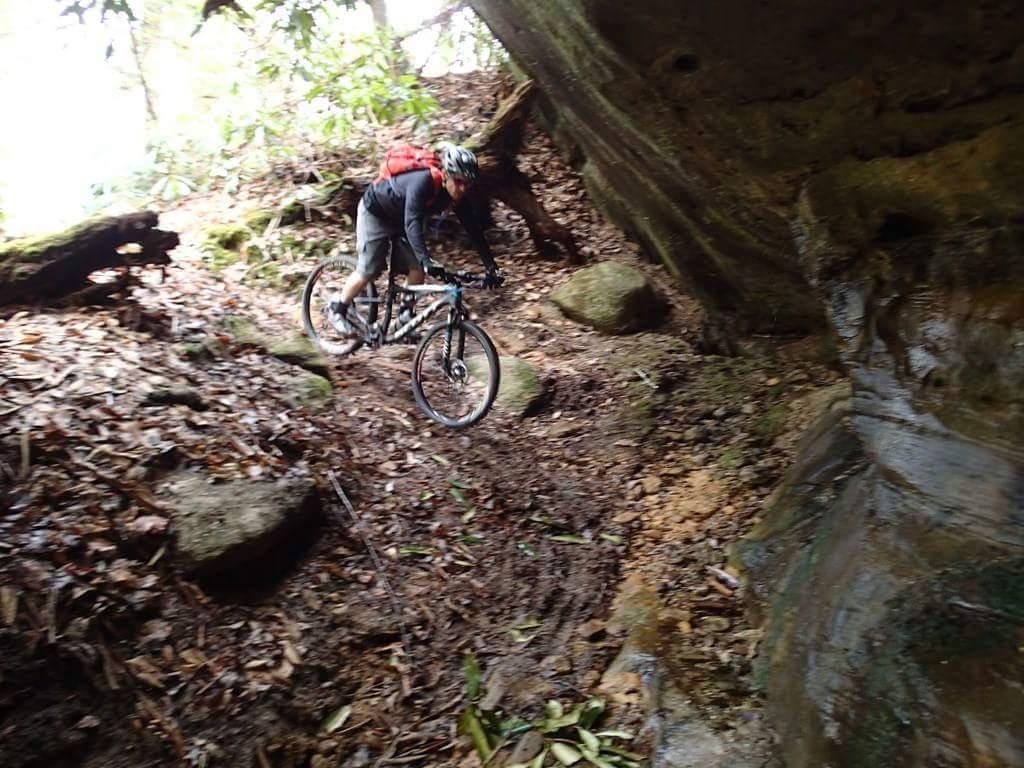 A mountain biker navigates a rugged, dirt trail surrounded by rocks and vegetation, with a dense forest backdrop. The cyclist is wearing a helmet and a backpack, emphasizing the adventurous nature of the scene. Big South Fork mountain bike trail.